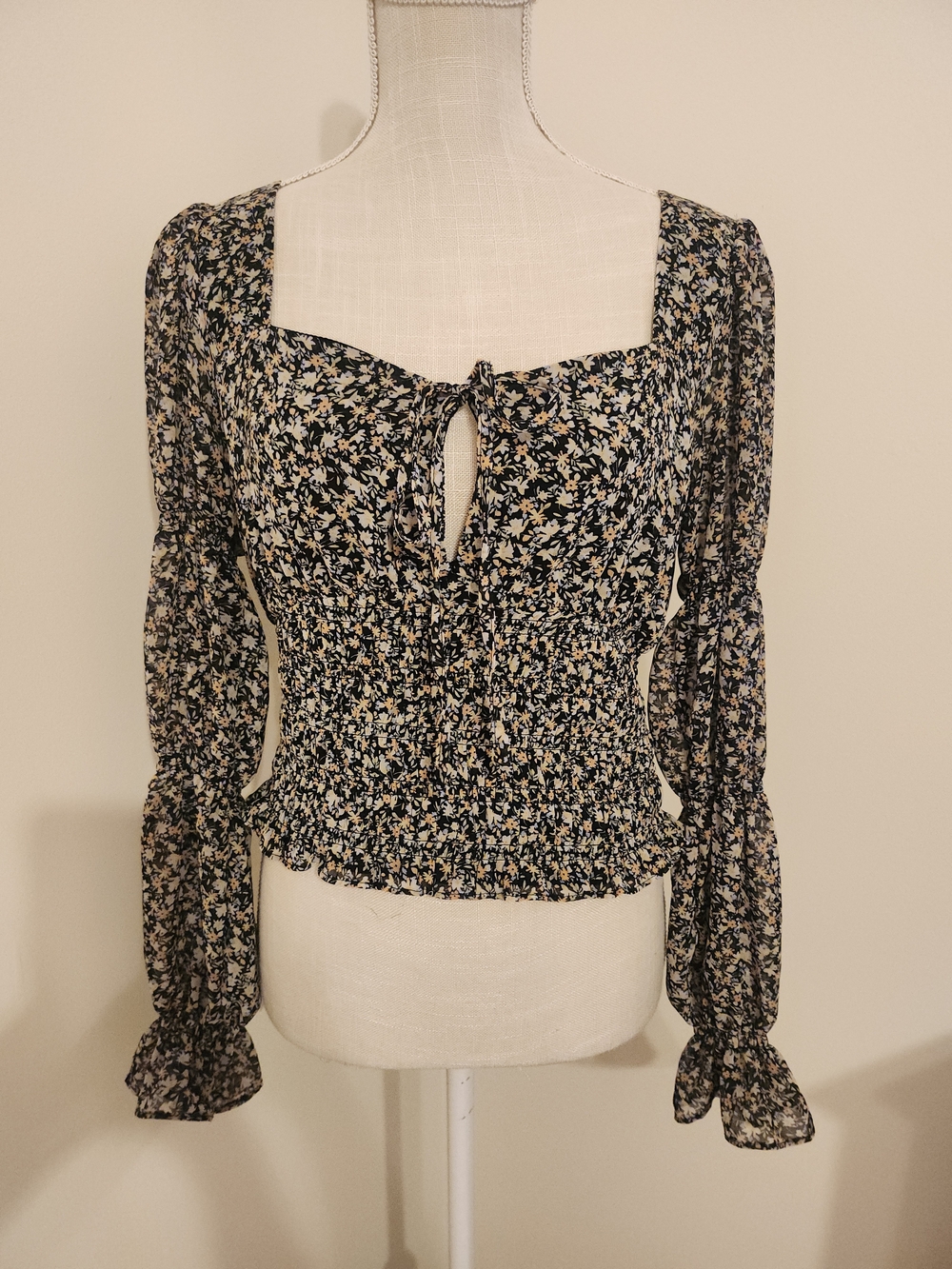 SO Black Floral Smocked Square-Neck Blouse